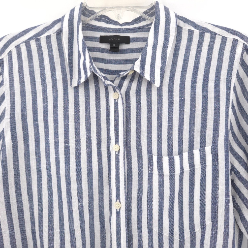 J.Crew Striped Linen Tie Front Shirt Womens 10 Blue White Long Sleeve Button Up - Picture 7 of 11